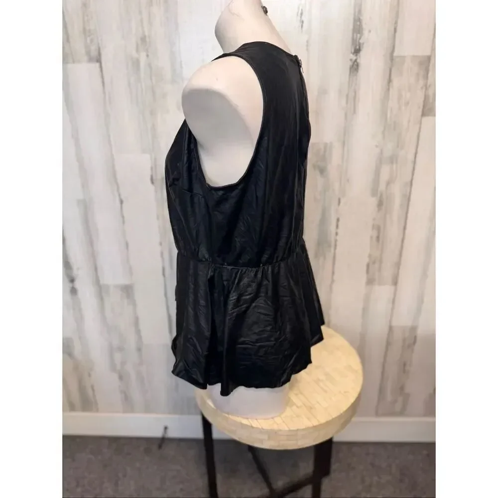 Dots Black Faux Leather Peplum Top 1X Sleeveless Zip Back Flowy Blouse Plus Size